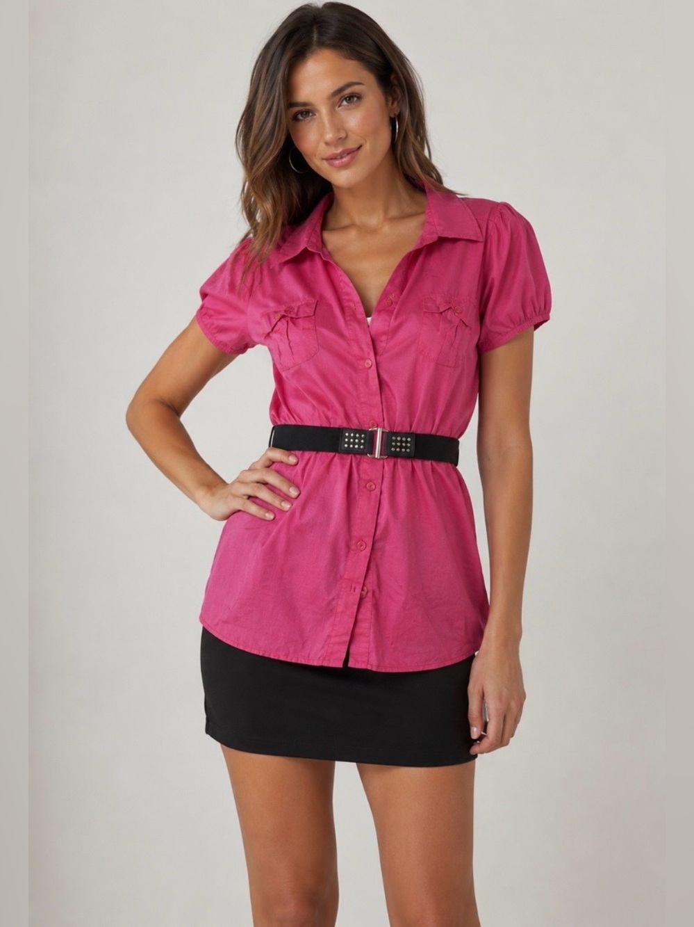 NWT Candie’s hot pink collared blouse studded black stretch belt XL